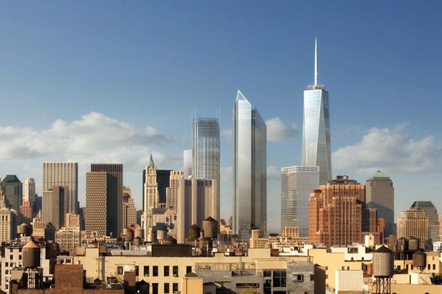 A rendering of the World Trade Center complex—1 WTC is at the far right